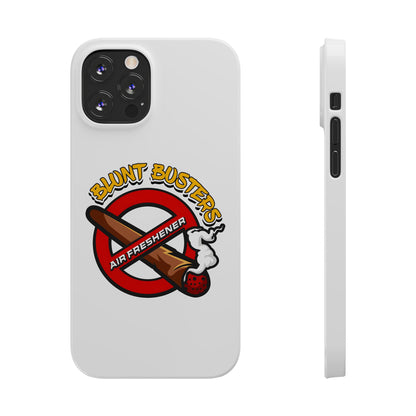 "Blunt Busters slim phone case, quirky air freshener design and fun gift for smokers."