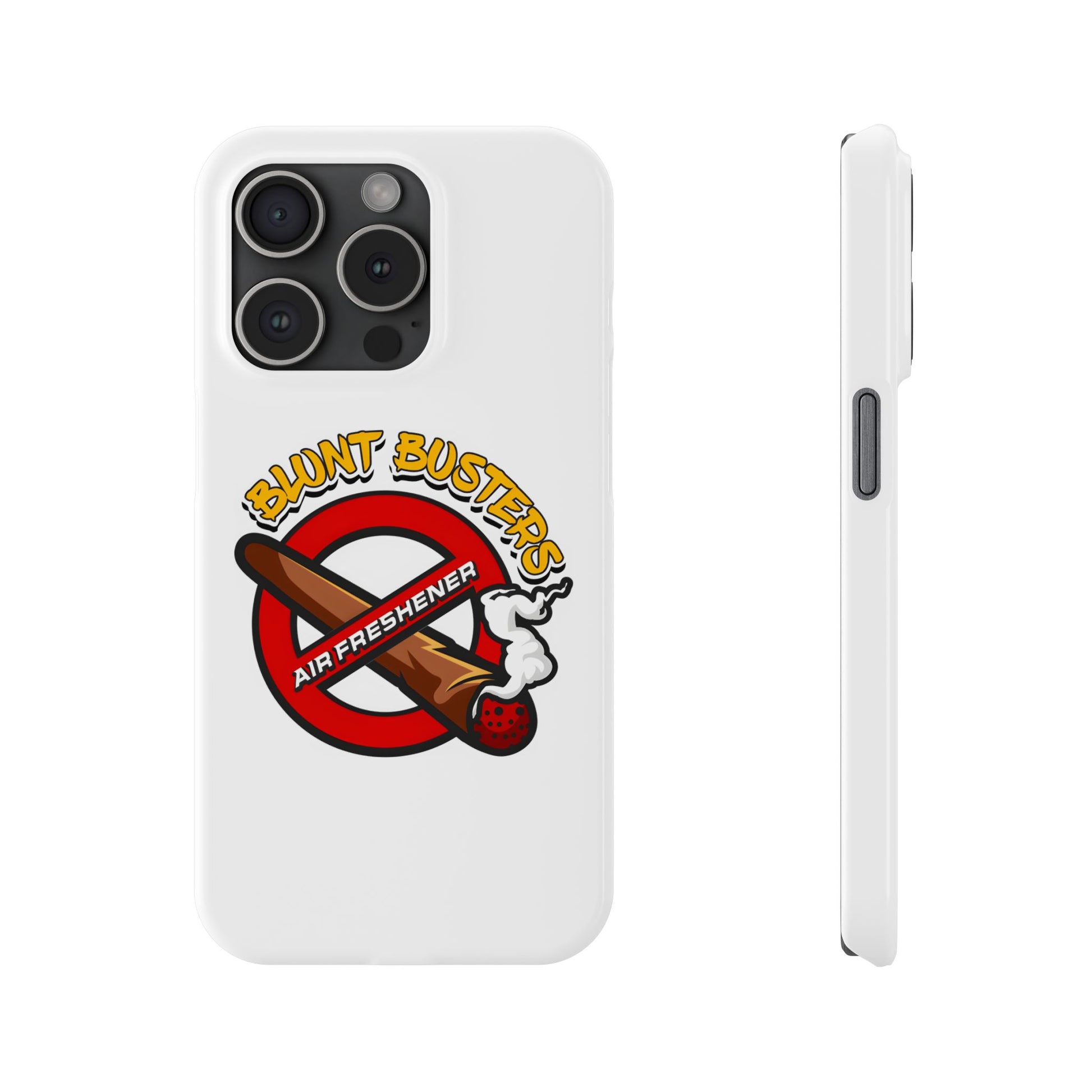 "Blunt Busters slim phone case, quirky air freshener design and fun gift for smokers."