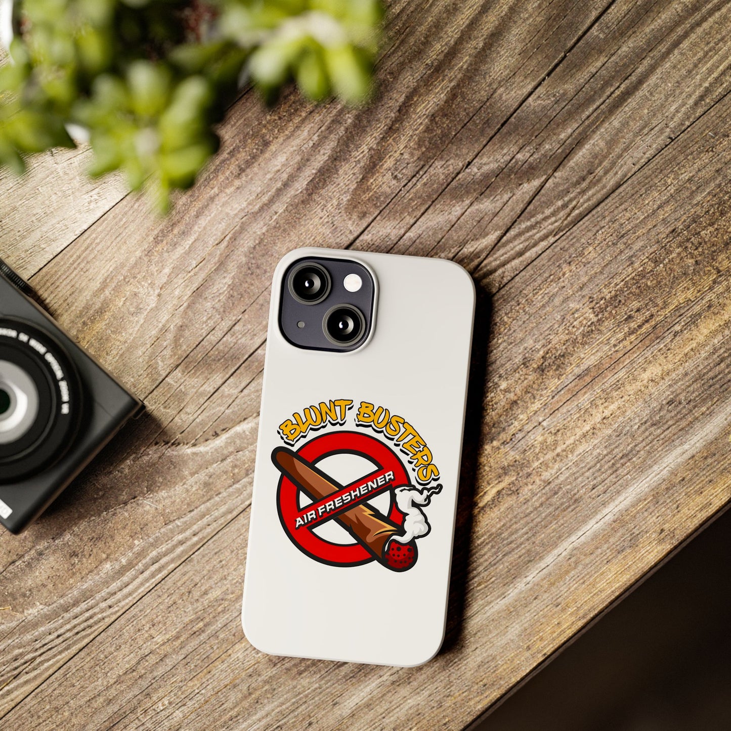 "Blunt Busters slim phone case, quirky air freshener design and fun gift for smokers."
