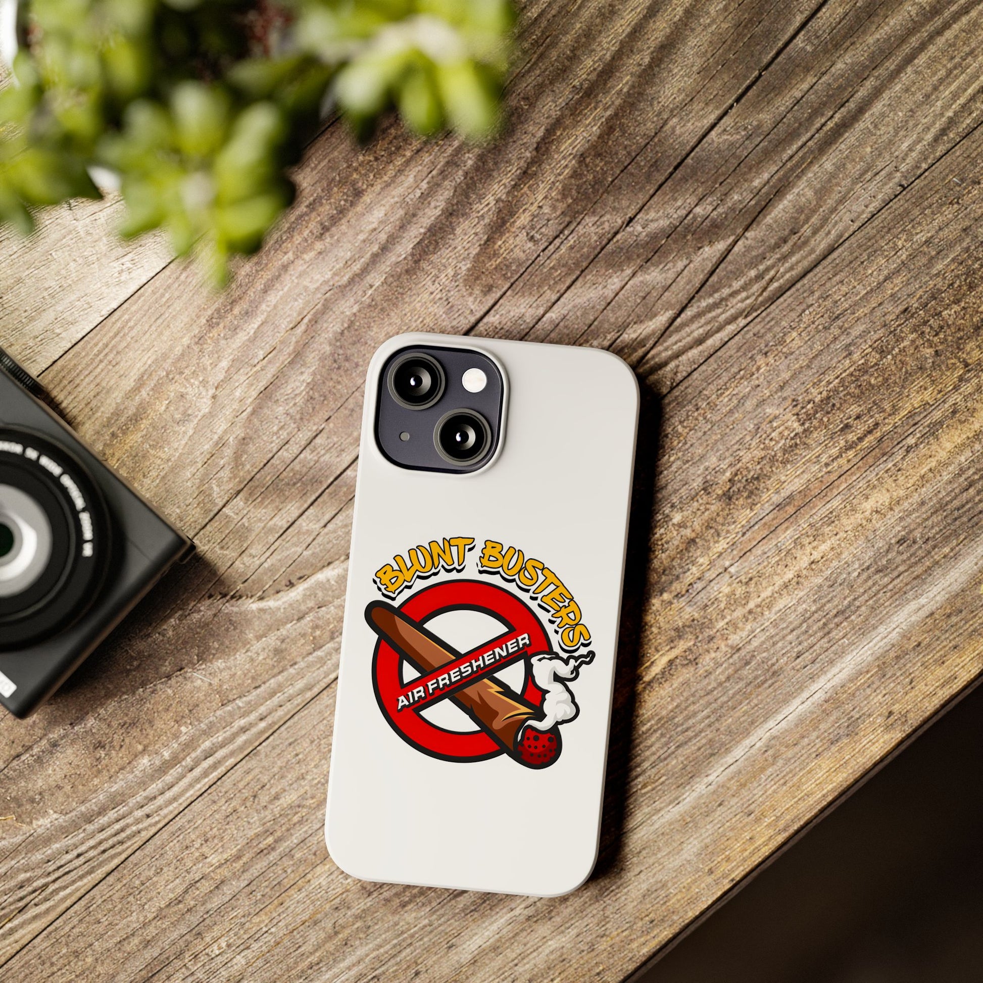 "Blunt Busters slim phone case, quirky air freshener design and fun gift for smokers."