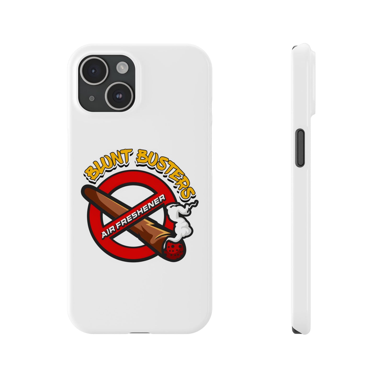 "Blunt Busters slim phone case, quirky air freshener design and fun gift for smokers."