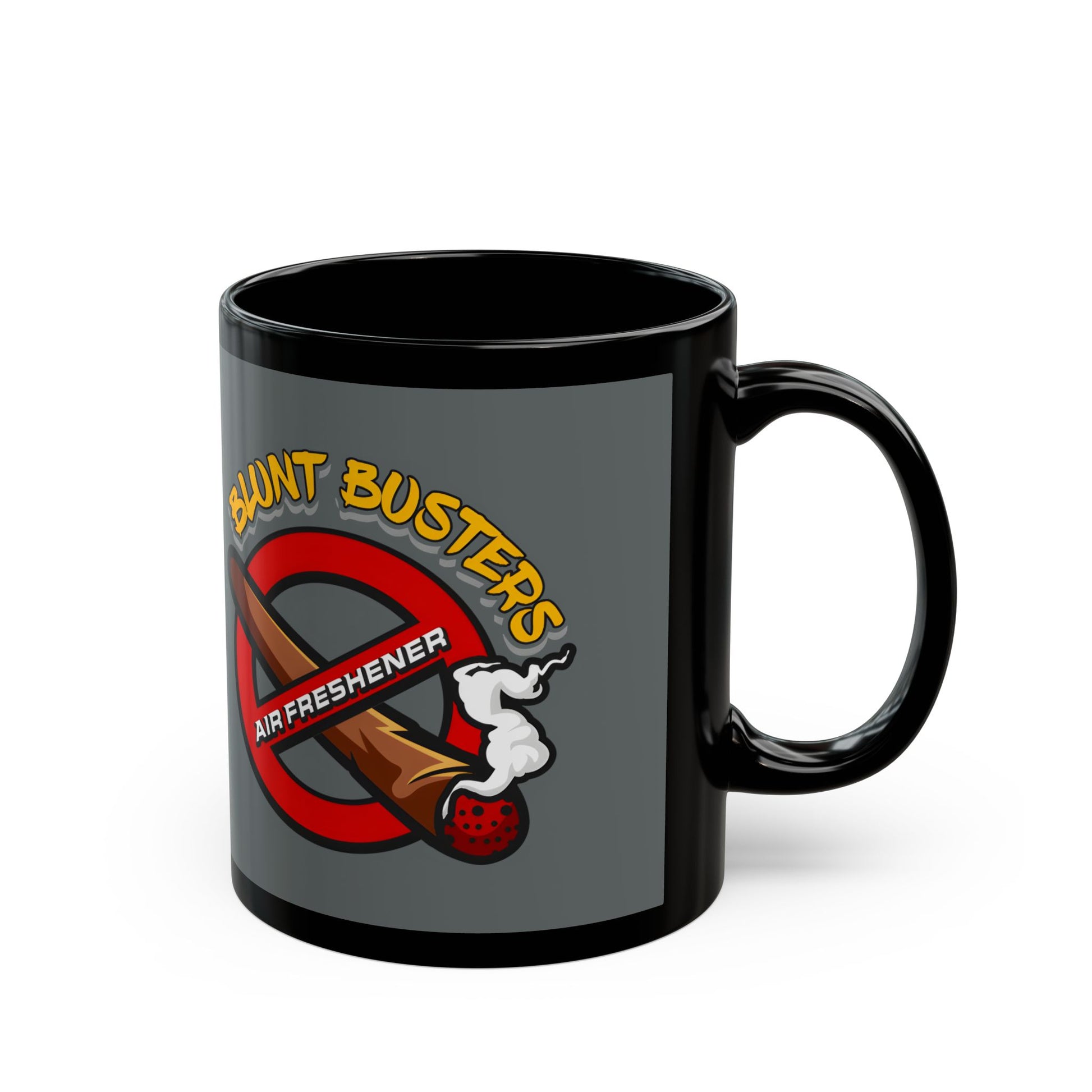 "Funny black mug with Blunt Busters air freshener design, quirky 420-friendly coffee cup."
