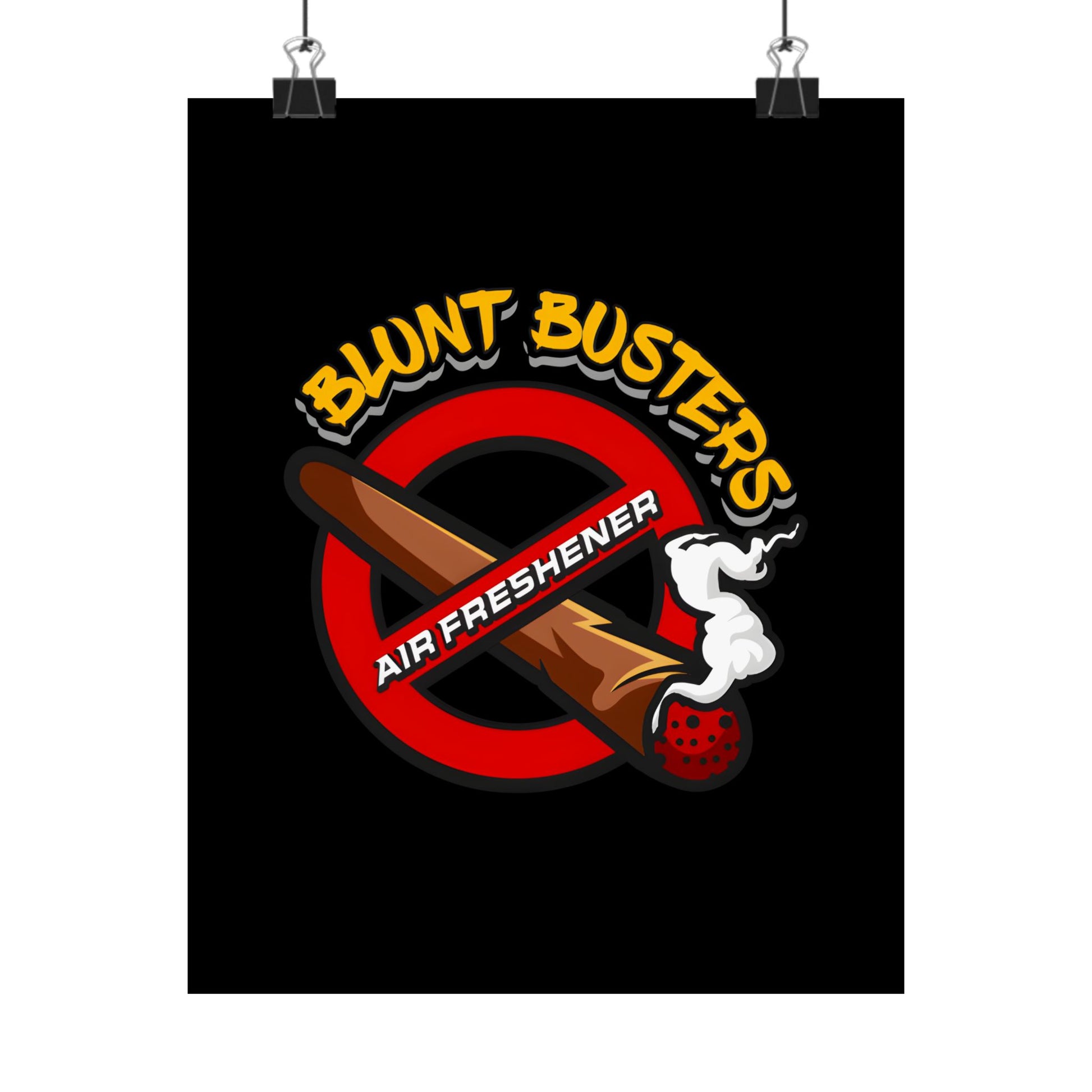 "Blunt Busters air freshener vertical poster, funny wall art for man caves or home decor."