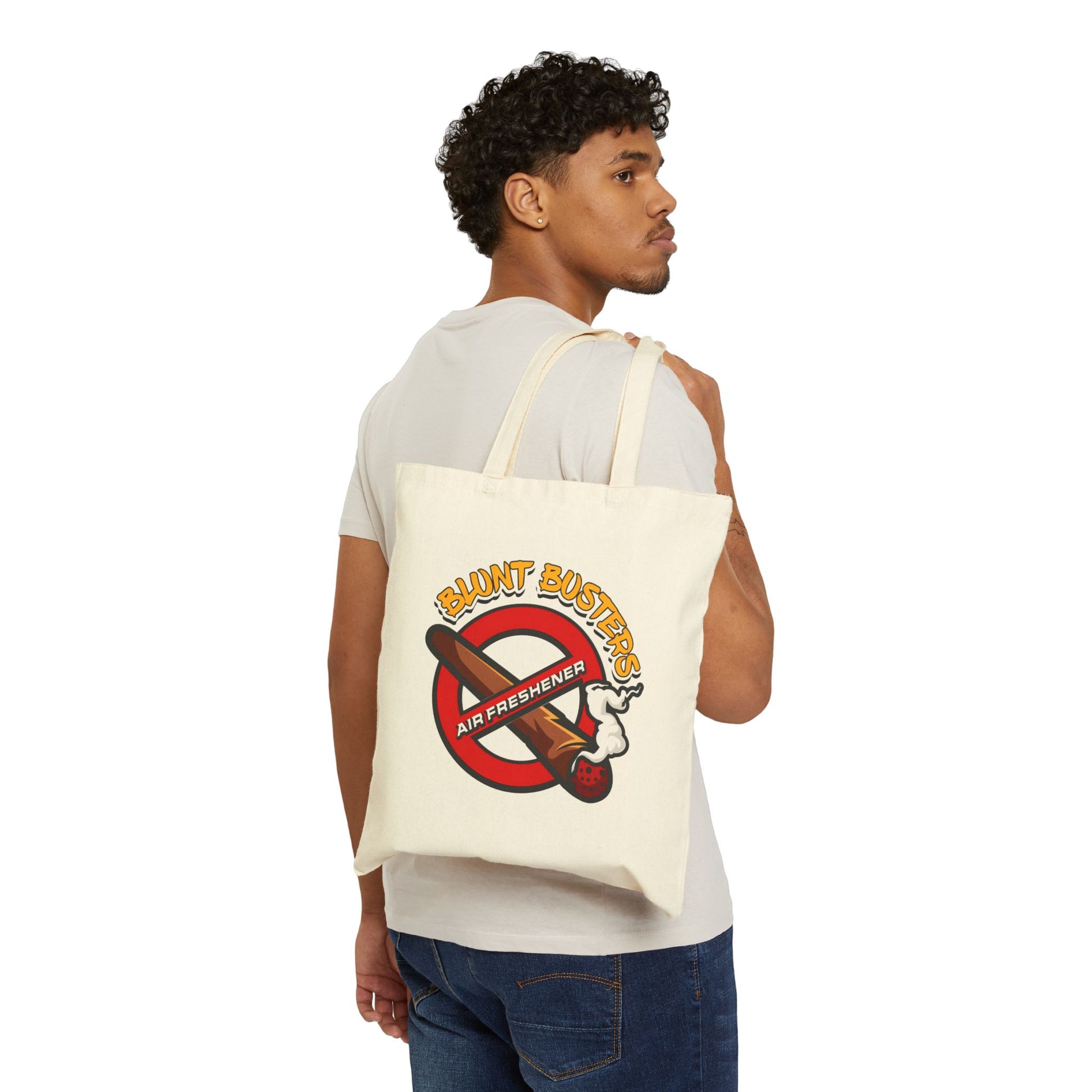 "Blunt Busters tote bag with funny cartoon design, reusable grocery or beach carryall."