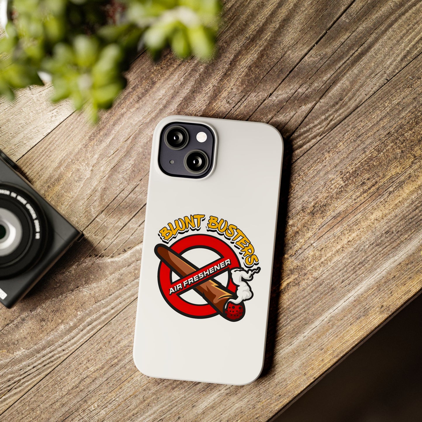 "Blunt Busters slim phone case, quirky air freshener design and fun gift for smokers."