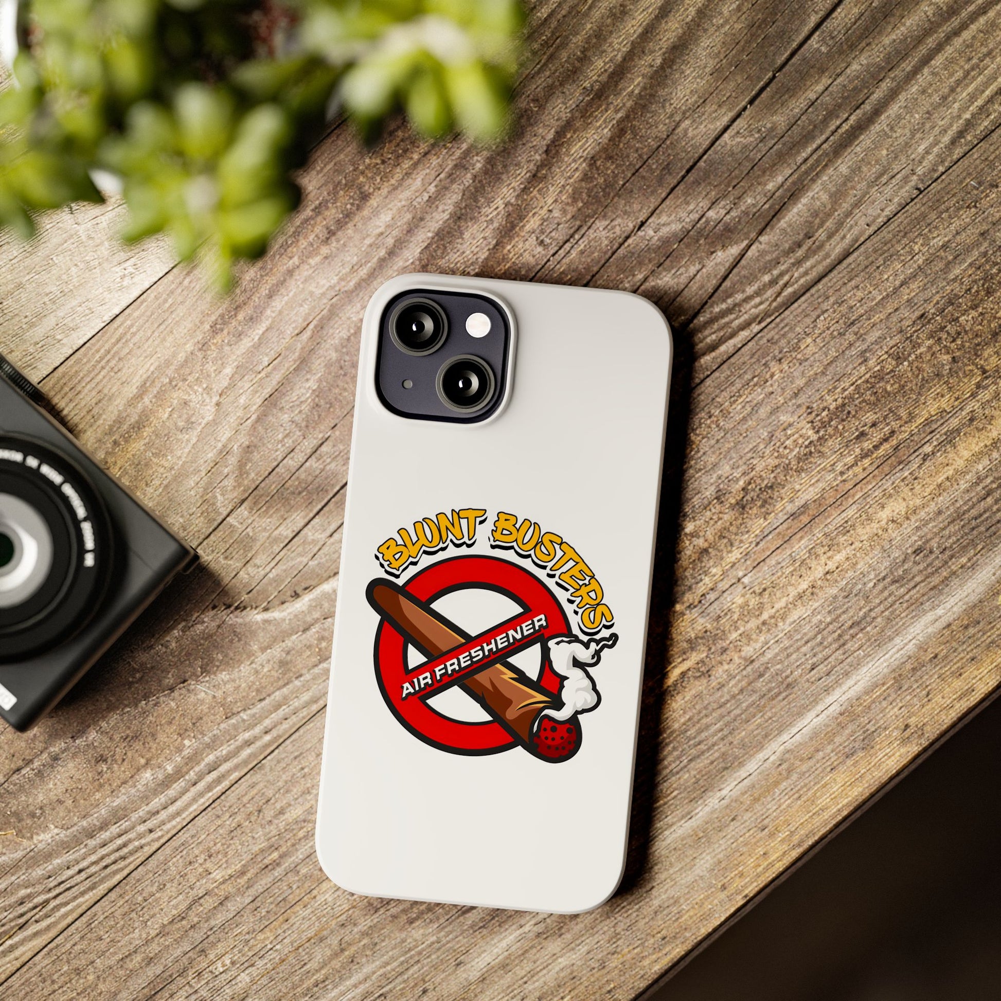 "Blunt Busters slim phone case, quirky air freshener design and fun gift for smokers."