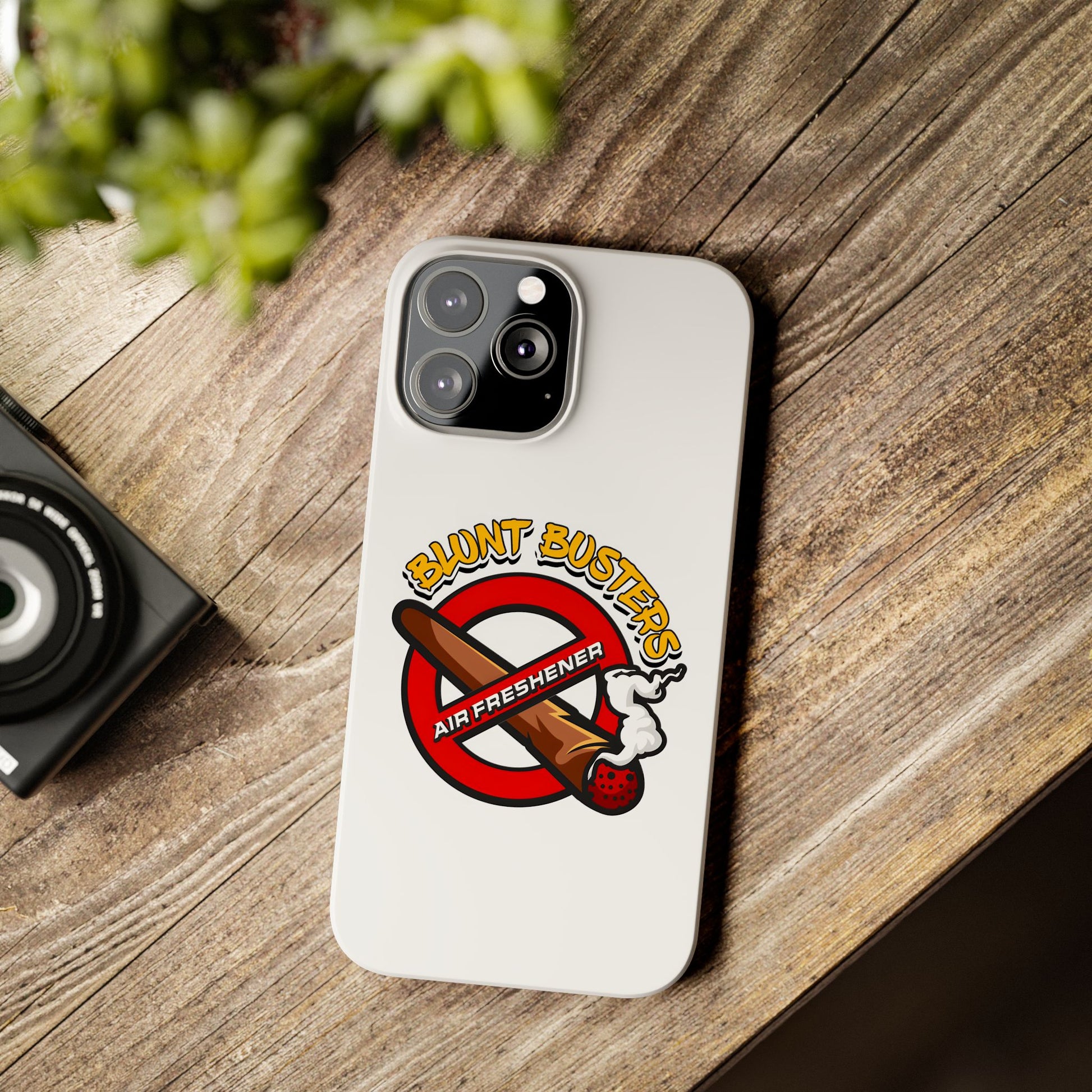 "Blunt Busters slim phone case, quirky air freshener design and fun gift for smokers."