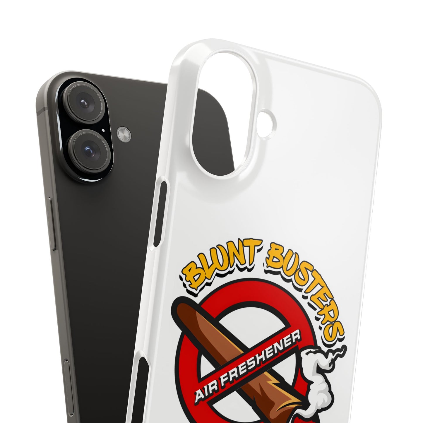 "Blunt Busters slim phone case, quirky air freshener design and fun gift for smokers."