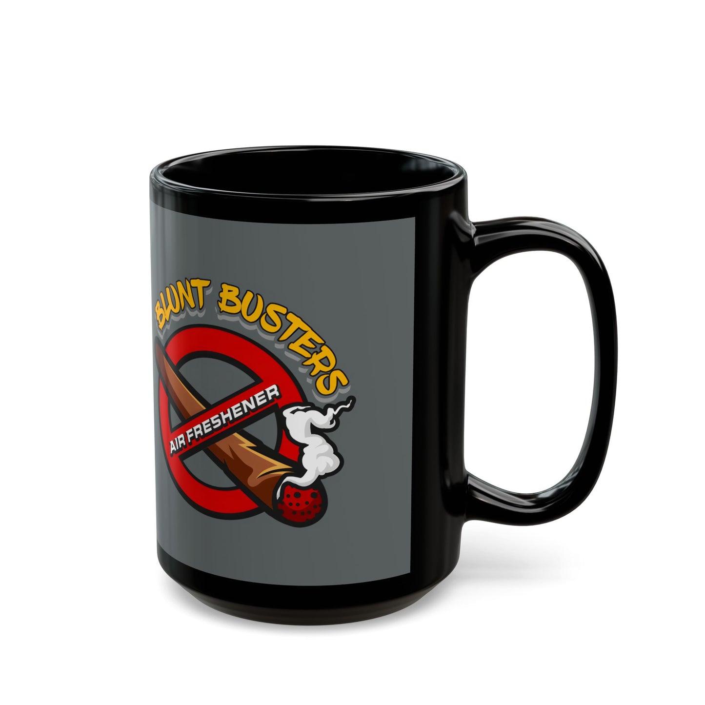 "Funny black mug with Blunt Busters air freshener design, quirky 420-friendly coffee cup."