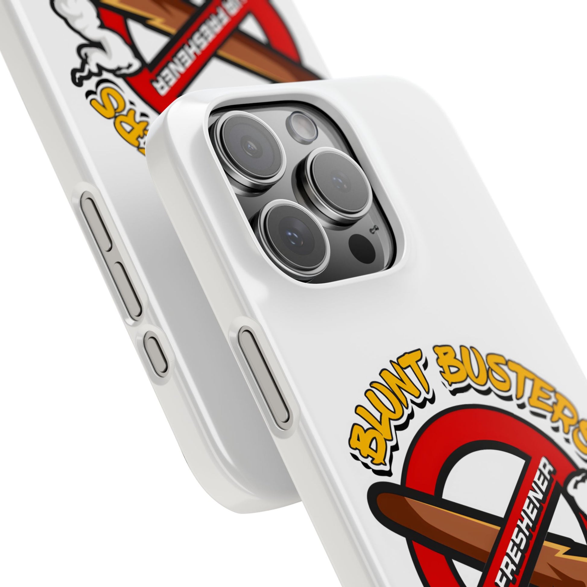 "Blunt Busters slim phone case, quirky air freshener design and fun gift for smokers."