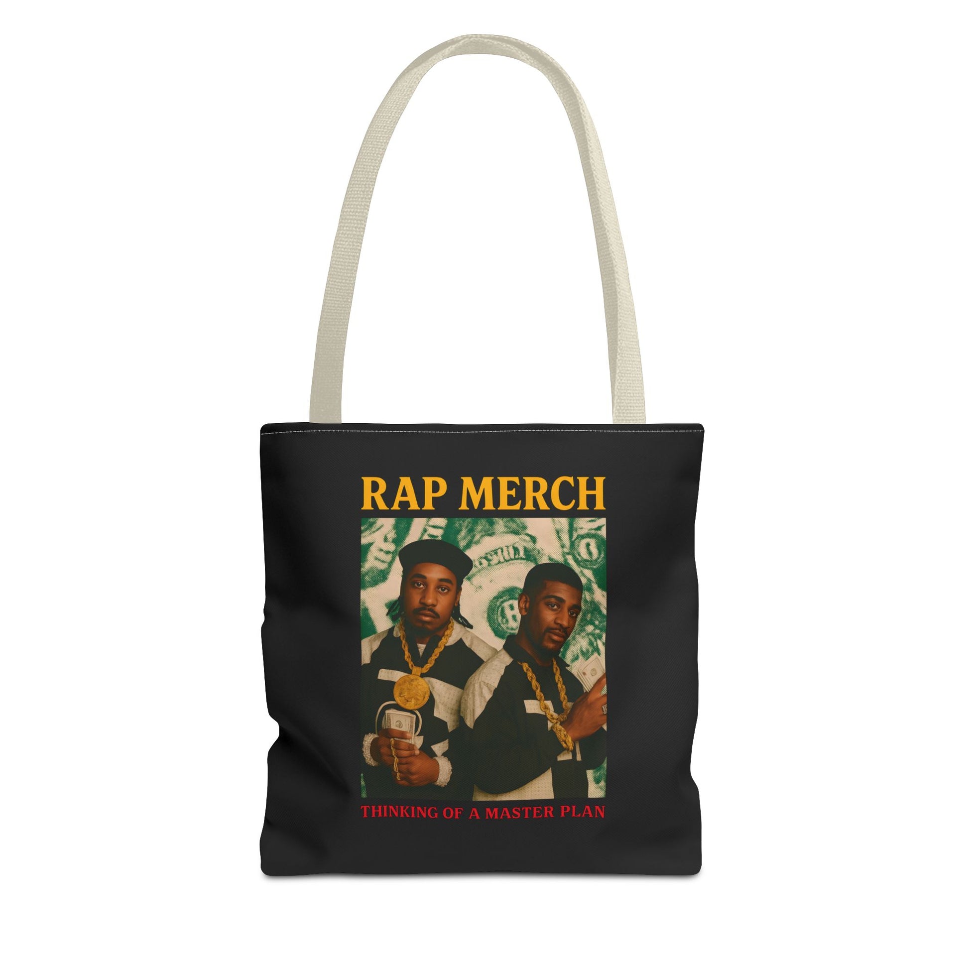 Tote bag with 'Rap Merch' design featuring two individuals and money-themed graphics on a white background.