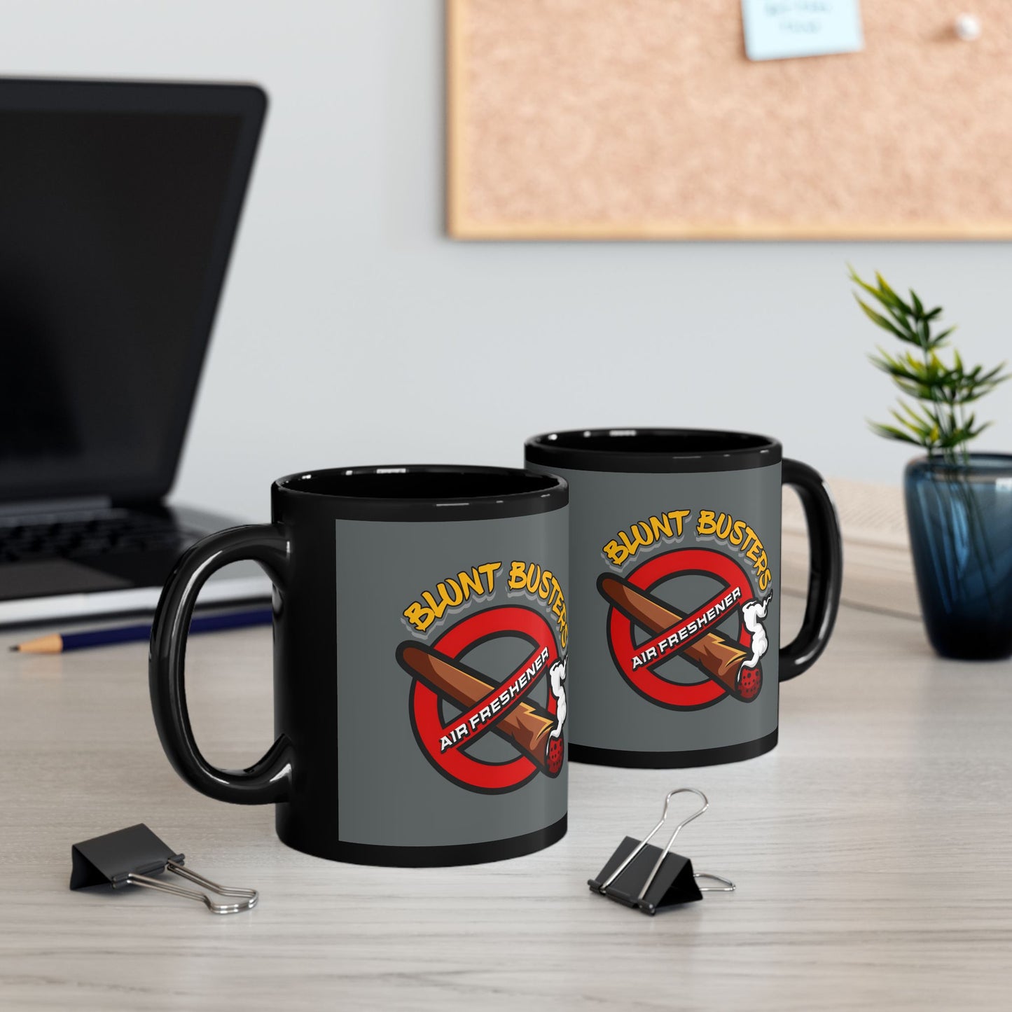 "Funny black mug with Blunt Busters air freshener design, quirky 420-friendly coffee cup."