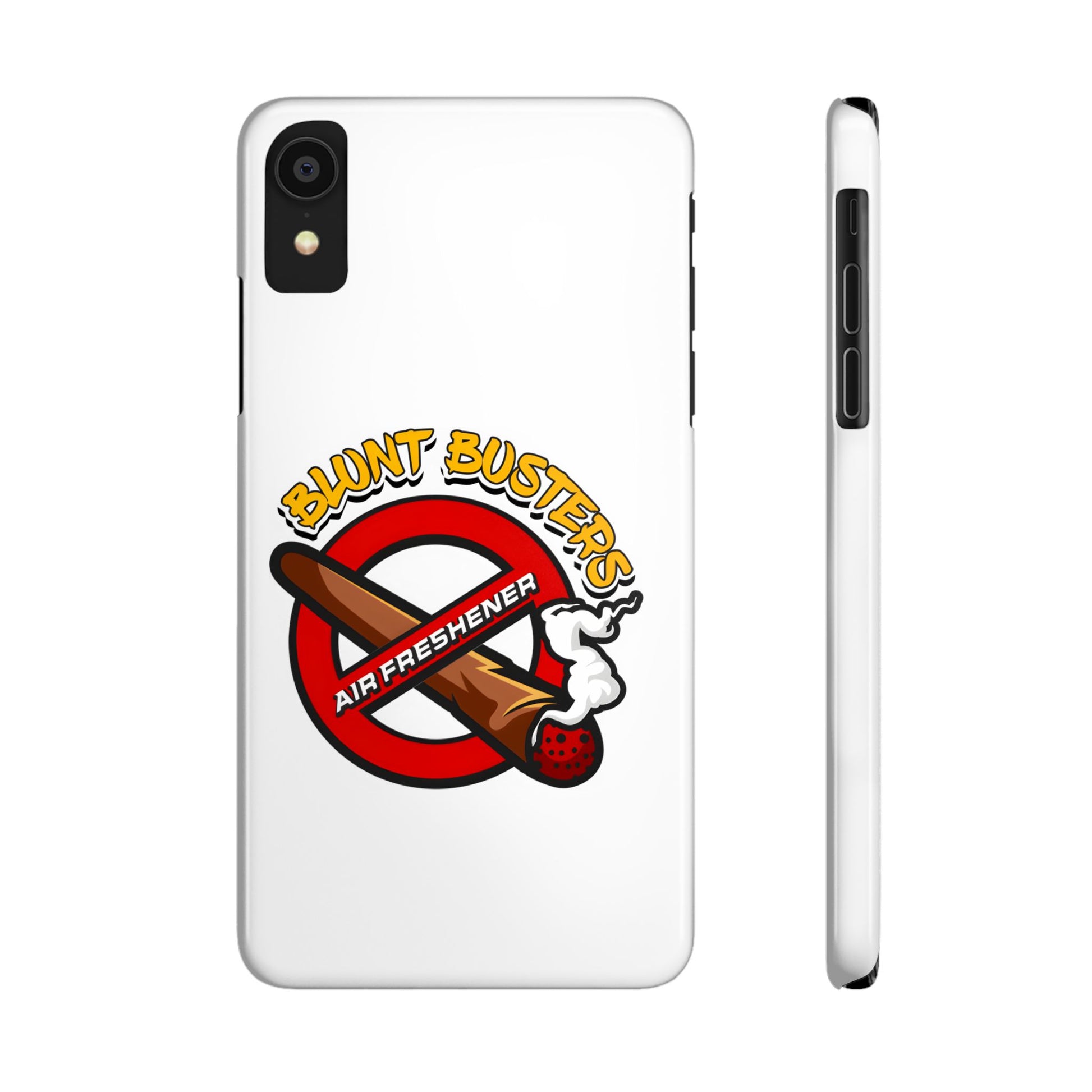 "Blunt Busters slim phone case, quirky air freshener design and fun gift for smokers."