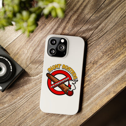 "Blunt Busters slim phone case, quirky air freshener design and fun gift for smokers."