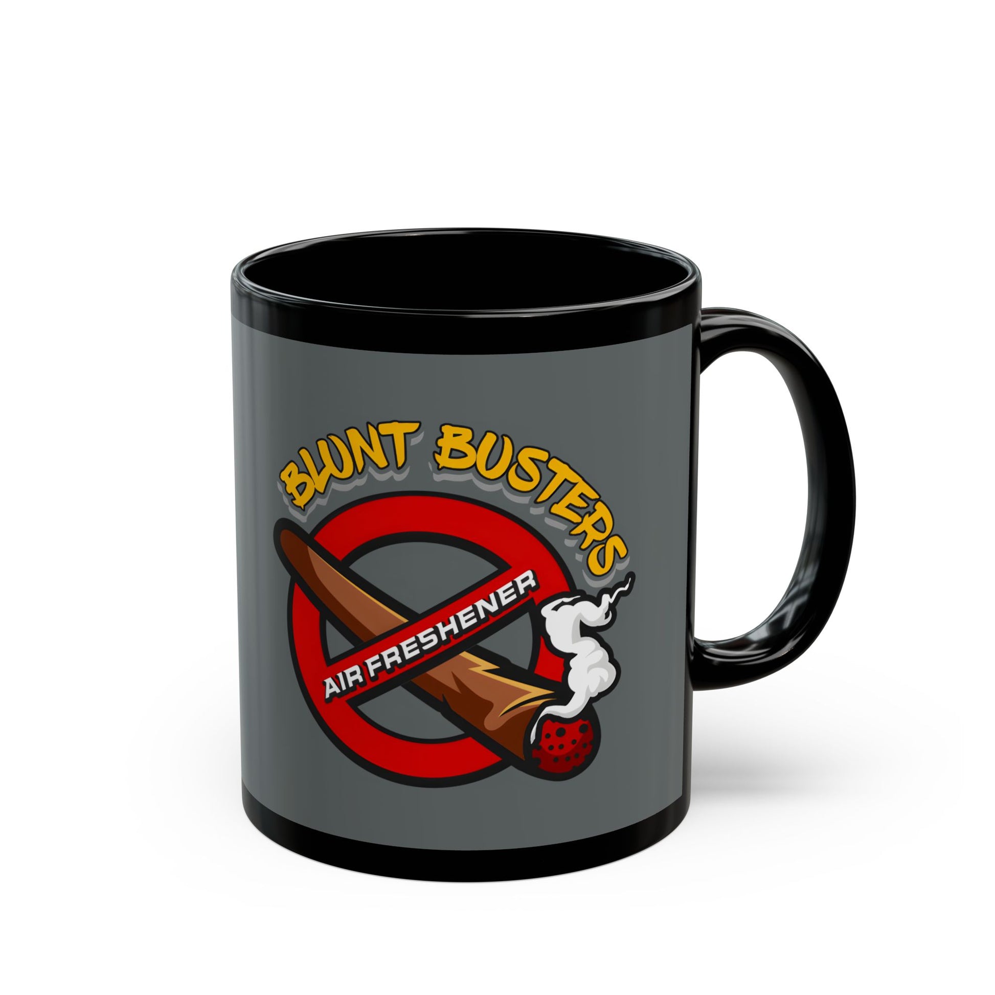 "Funny black mug with Blunt Busters air freshener design, quirky 420-friendly coffee cup."