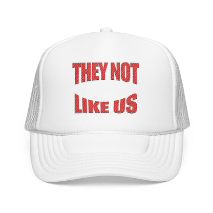 Foam trucker hat with 'THEY NOT LIKE US' embroidery, trendy casual cap for summer and outdoor events