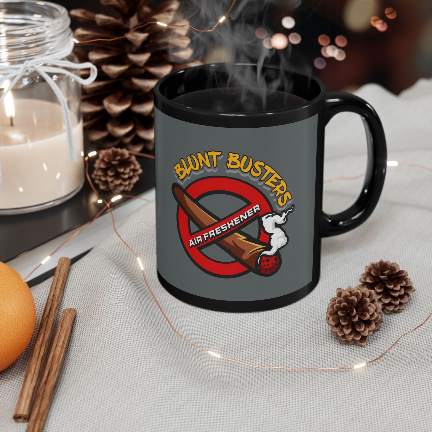 "Funny black mug with Blunt Busters air freshener design, quirky 420-friendly coffee cup."
