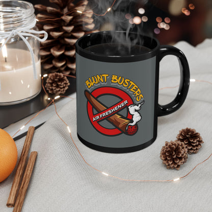 "Funny black mug with Blunt Busters air freshener design, quirky 420-friendly coffee cup."