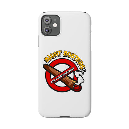 "Blunt Busters slim phone case, quirky air freshener design and fun gift for smokers."
