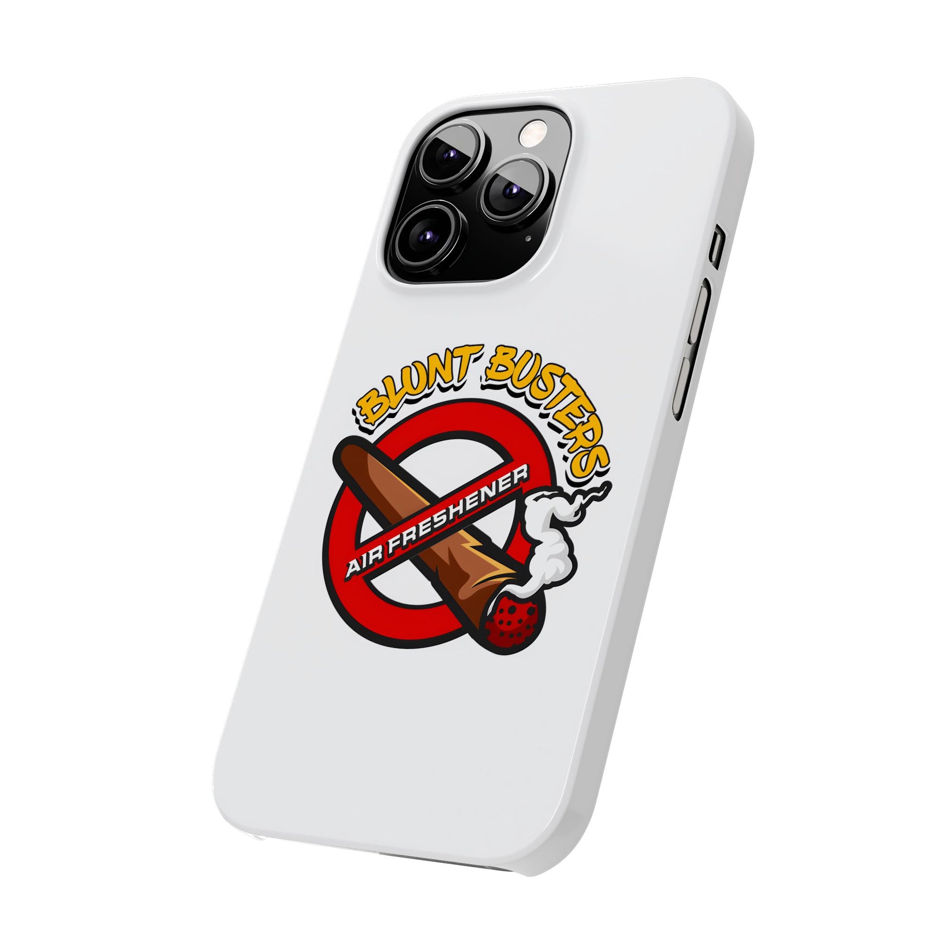 "Blunt Busters slim phone case, quirky air freshener design and fun gift for smokers."