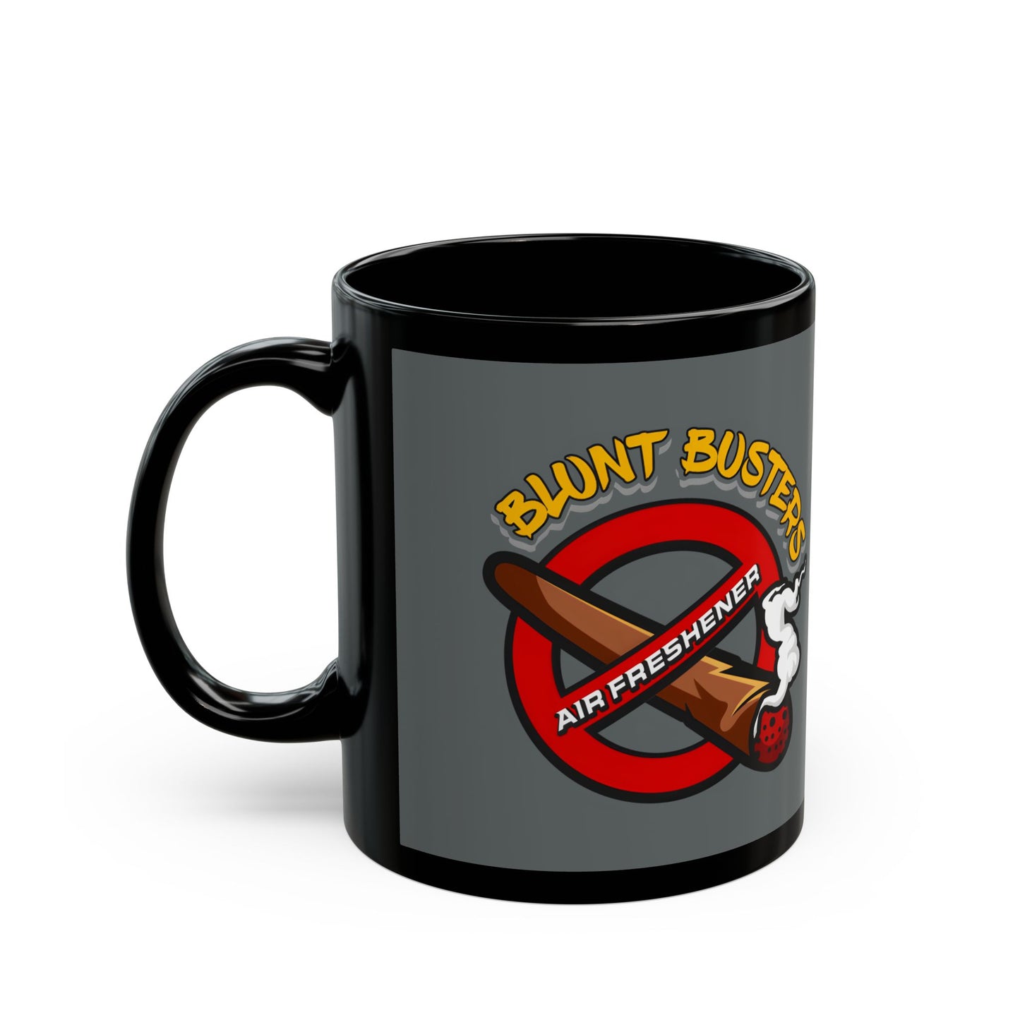 "Funny black mug with Blunt Busters air freshener design, quirky 420-friendly coffee cup."