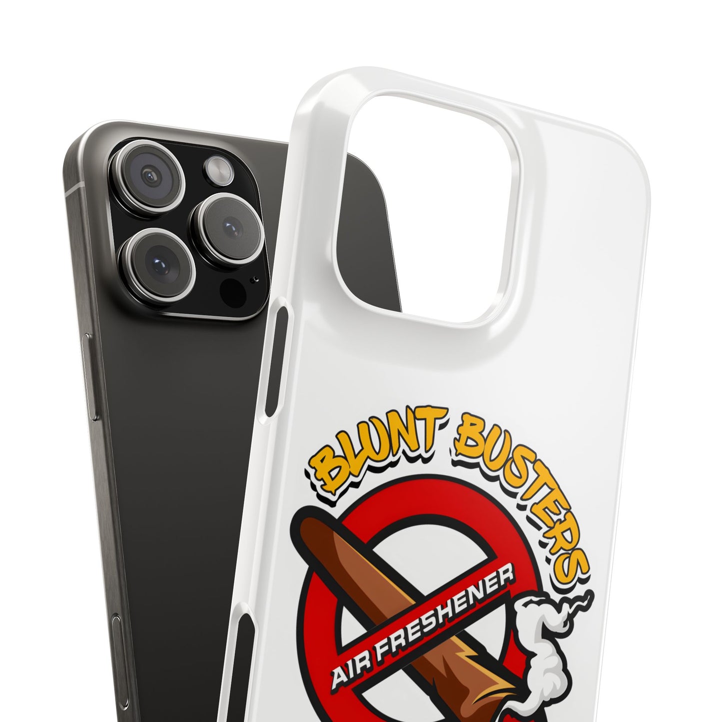 "Blunt Busters slim phone case, quirky air freshener design and fun gift for smokers."