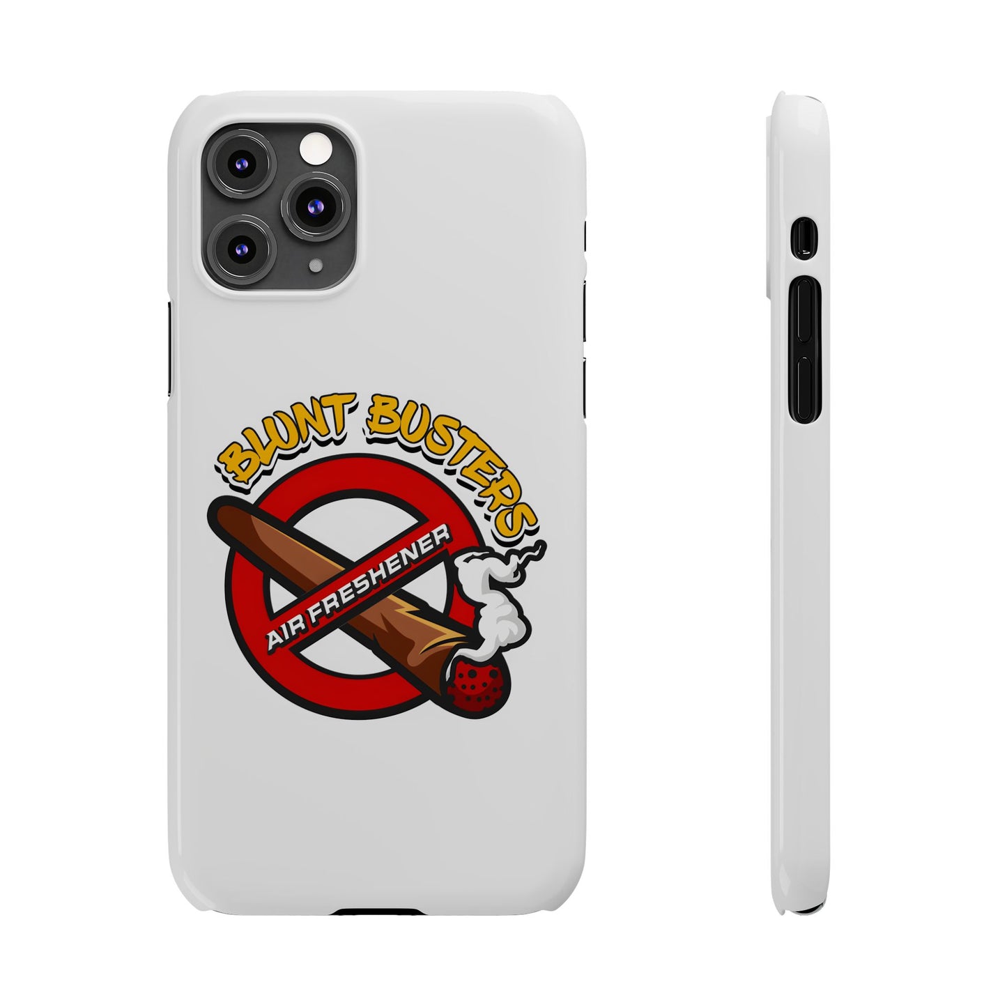 "Blunt Busters slim phone case, quirky air freshener design and fun gift for smokers."