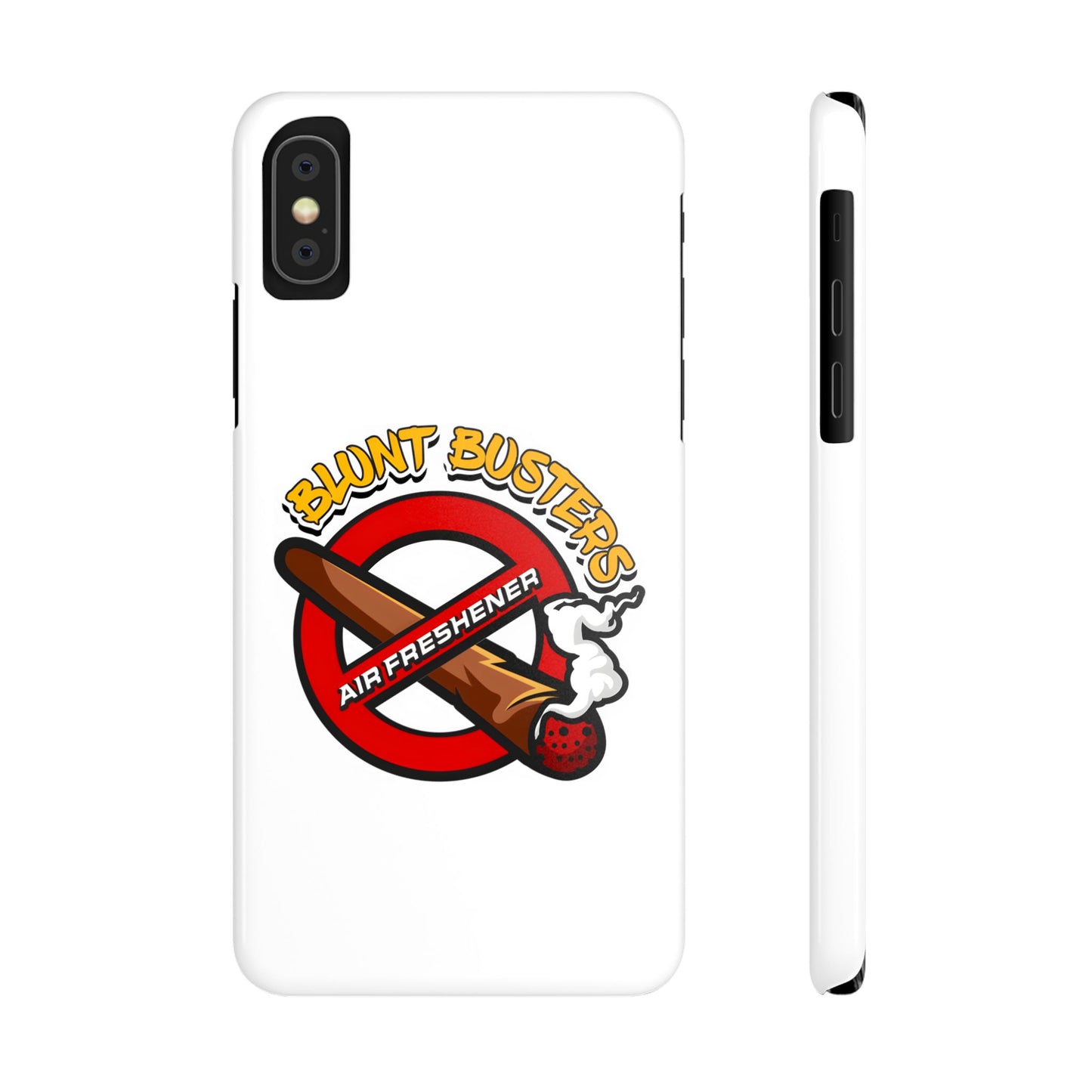 "Blunt Busters slim phone case, quirky air freshener design and fun gift for smokers."