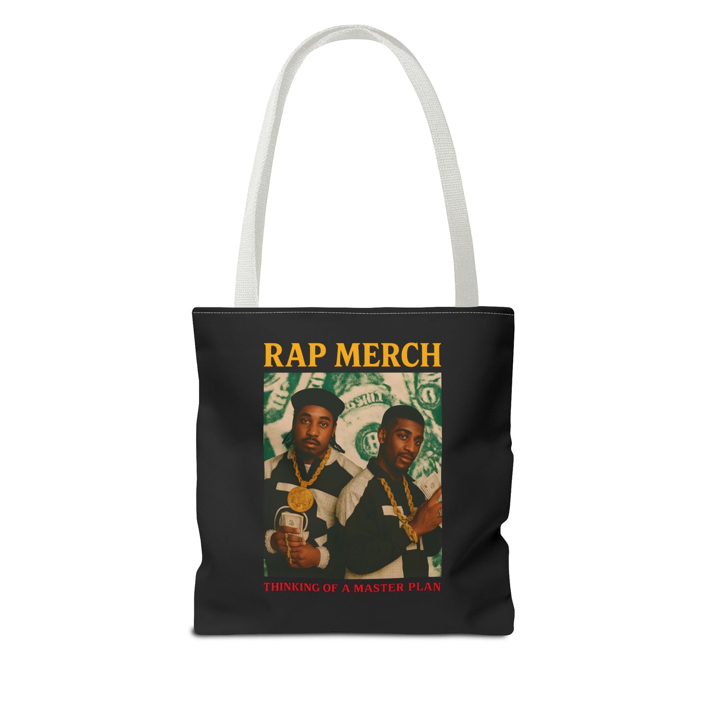 Tote bag with 'Rap Merch' design featuring two individuals and text on a white background