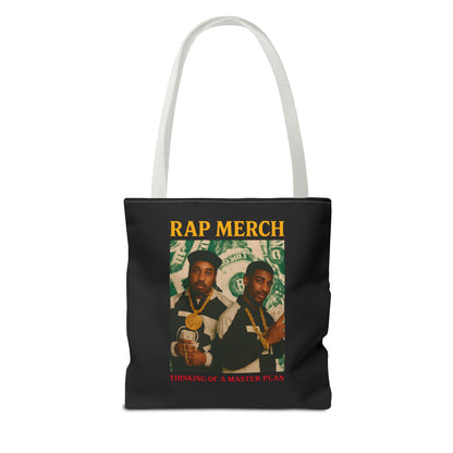 Tote bag with 'Rap Merch' design featuring two individuals and text on a white background