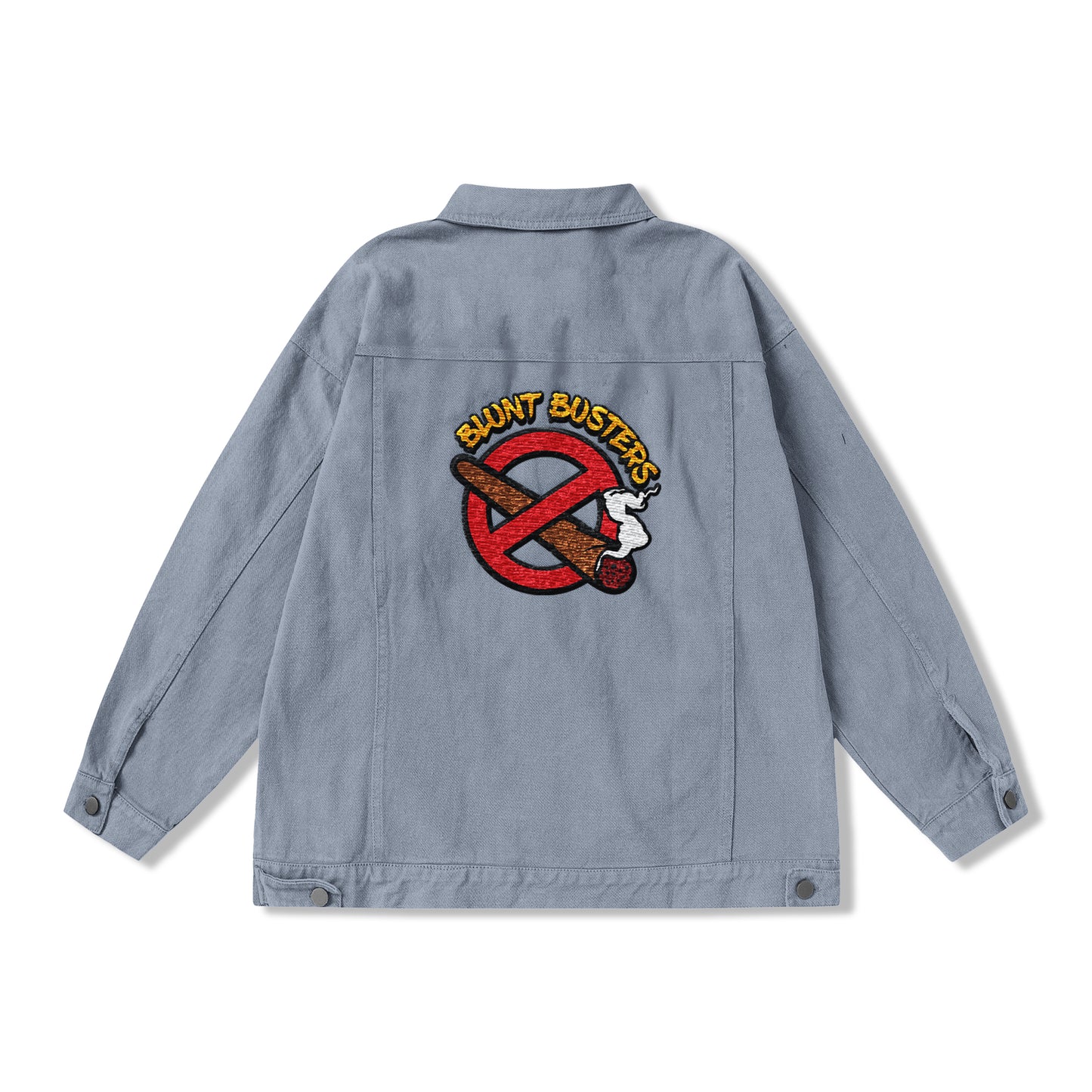 Denim Jacket — "Blunt Busters" Graphic Back Patch (Retro Anti-Smoking Design)