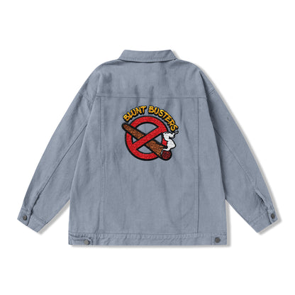 Denim Jacket — "Blunt Busters" Graphic Back Patch (Retro Anti-Smoking Design)
