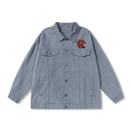 Denim Jacket — "Blunt Busters" Graphic Back Patch (Retro Anti-Smoking Design)