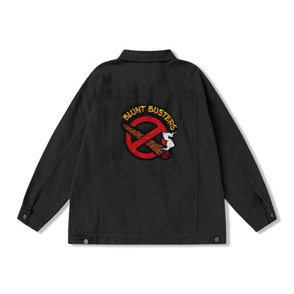 Denim Jacket — "Blunt Busters" Graphic Back Patch (Retro Anti-Smoking Design)