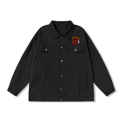 Denim Jacket — "Blunt Busters" Graphic Back Patch (Retro Anti-Smoking Design)