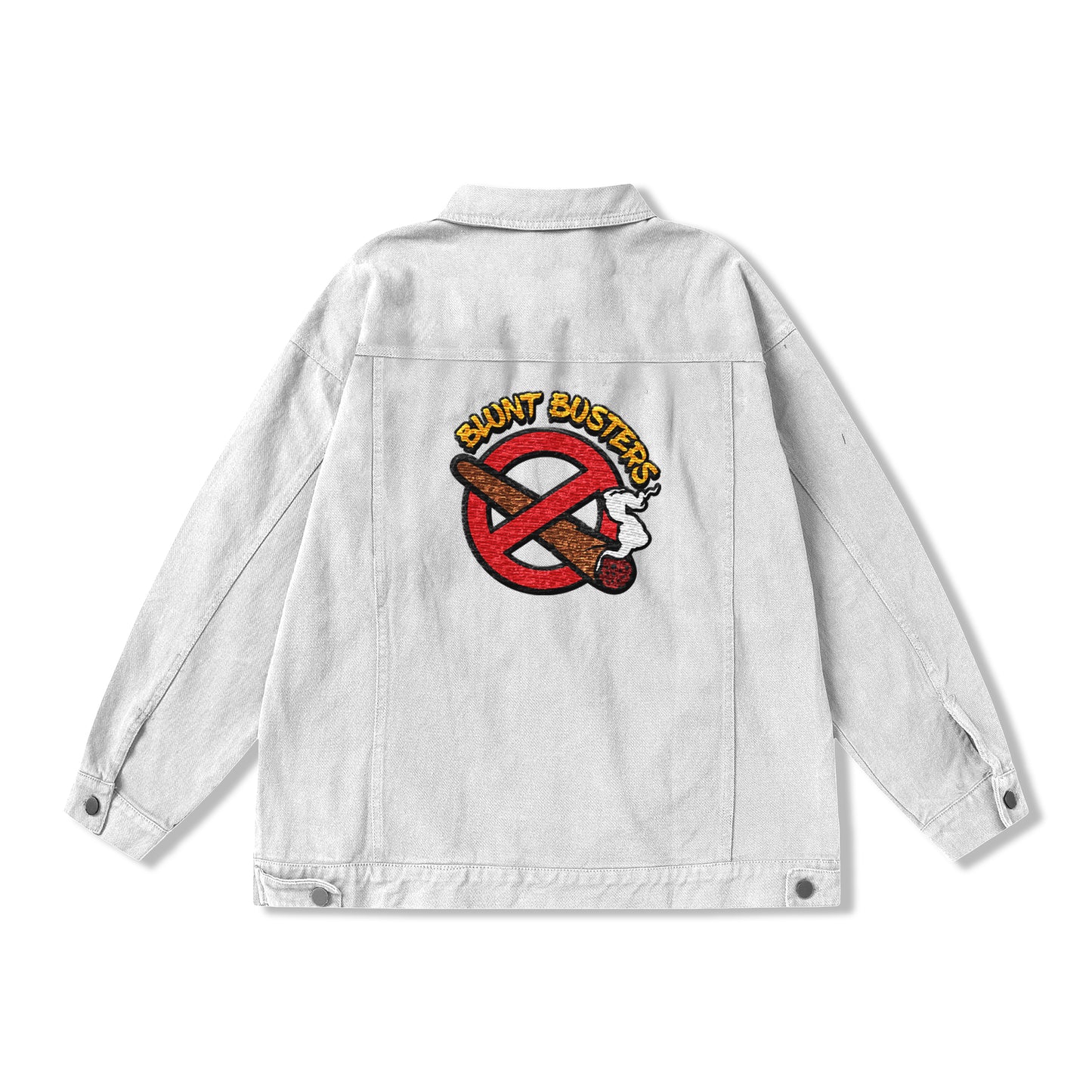 Denim Jacket — "Blunt Busters" Graphic Back Patch (Retro Anti-Smoking Design)
