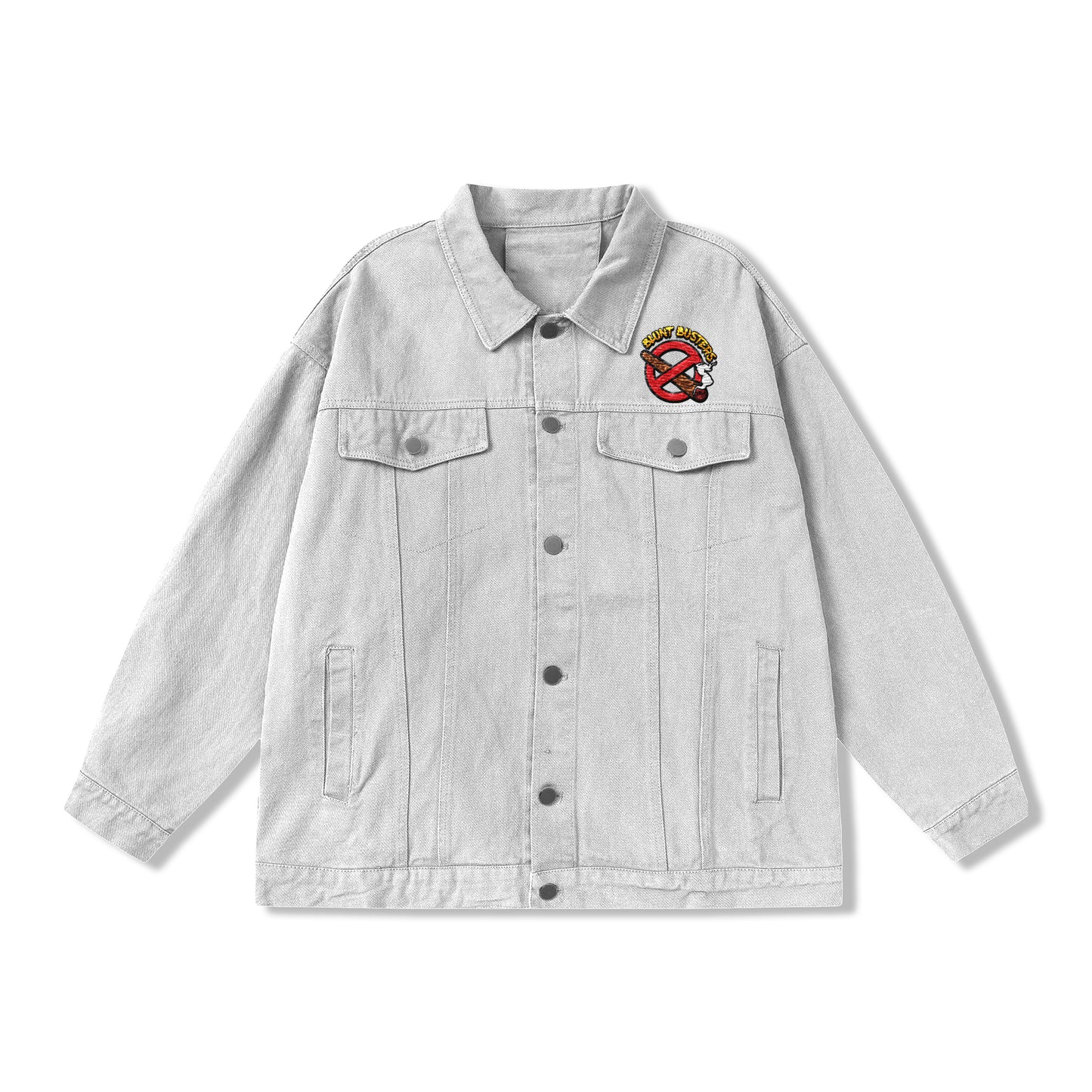Denim Jacket — "Blunt Busters" Graphic Back Patch (Retro Anti-Smoking Design)