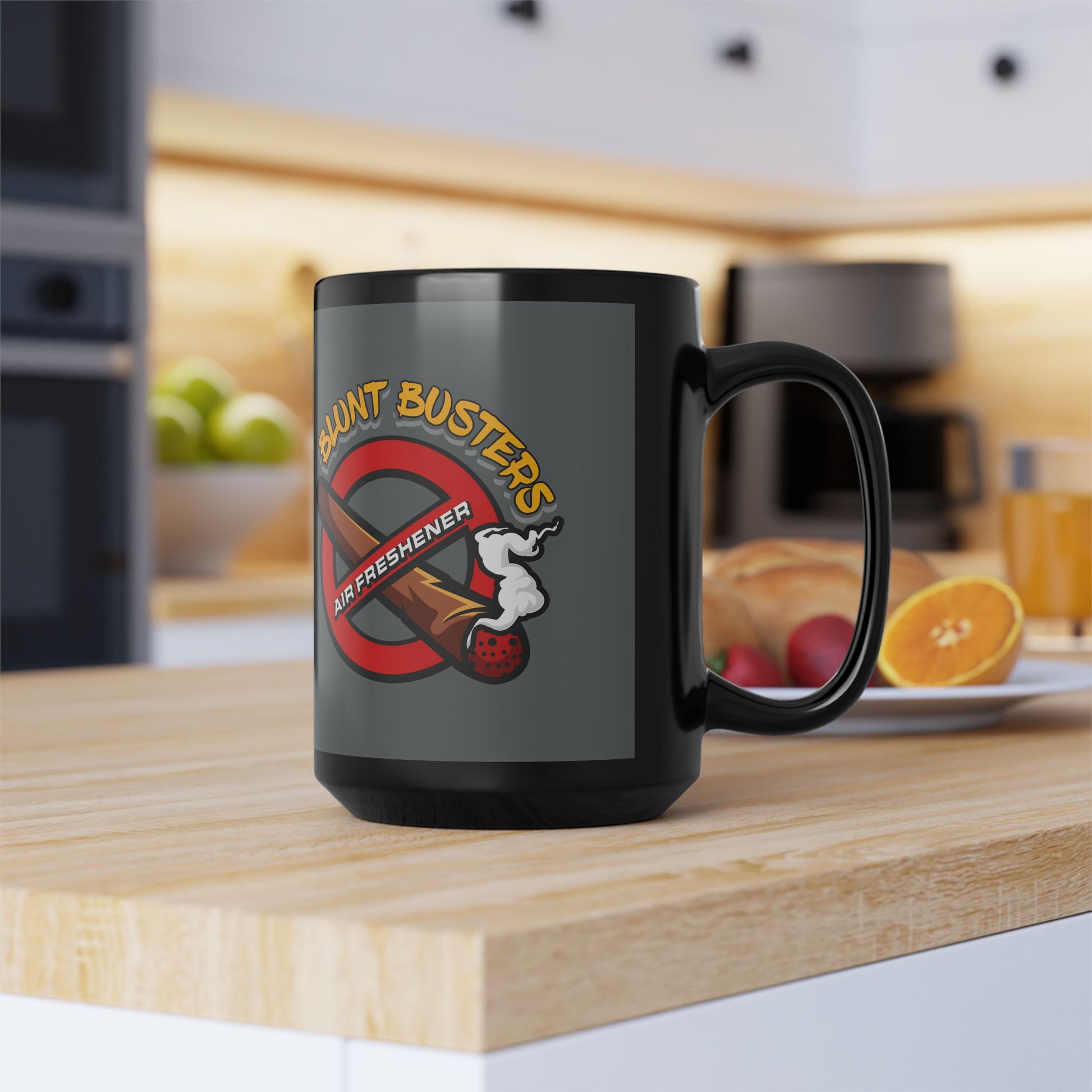 "Funny black mug with Blunt Busters air freshener design, quirky 420-friendly coffee cup."