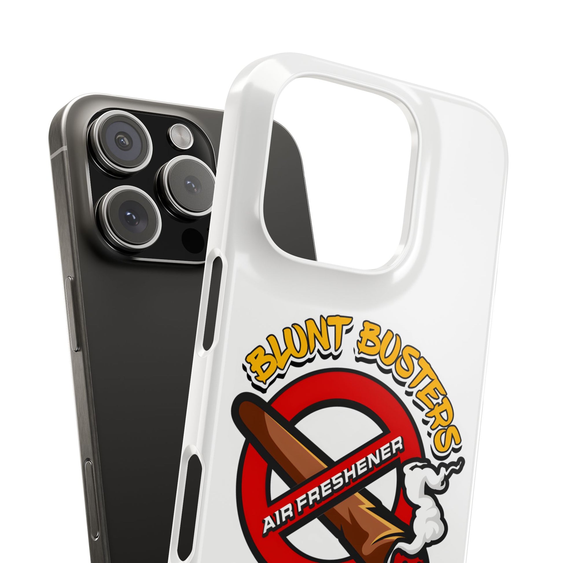 "Blunt Busters slim phone case, quirky air freshener design and fun gift for smokers."
