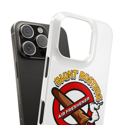 "Blunt Busters slim phone case, quirky air freshener design and fun gift for smokers."