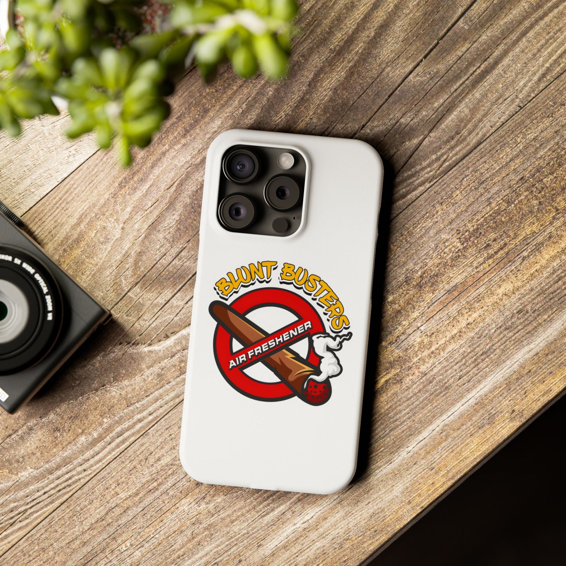 "Blunt Busters slim phone case, quirky air freshener design and fun gift for smokers."