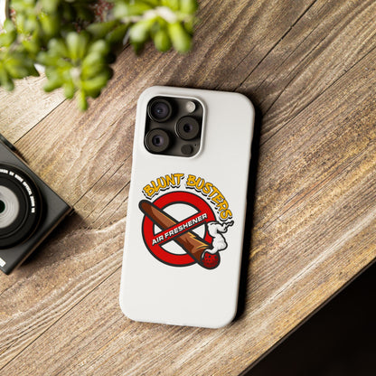 "Blunt Busters slim phone case, quirky air freshener design and fun gift for smokers."
