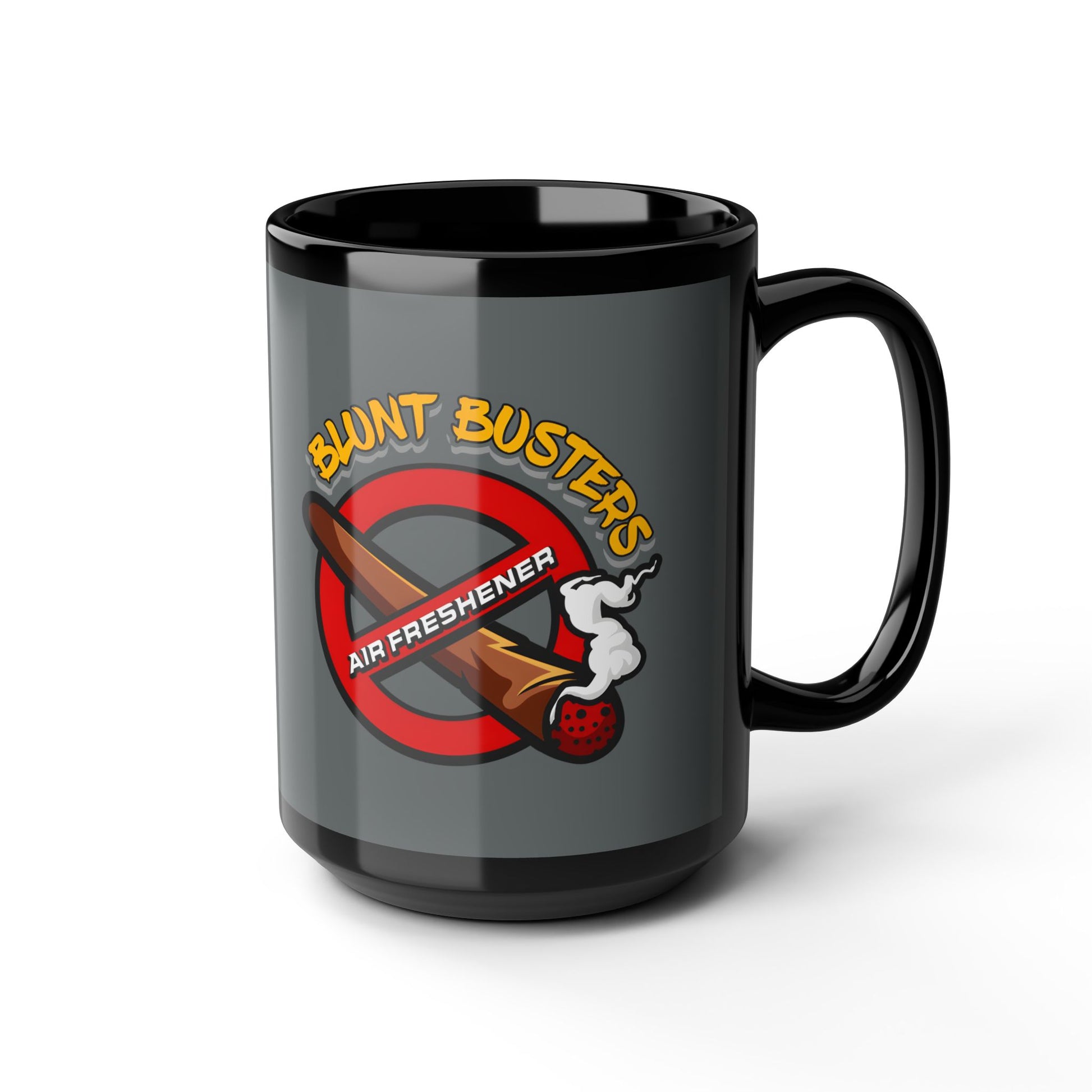 "Funny black mug with Blunt Busters air freshener design, quirky 420-friendly coffee cup."