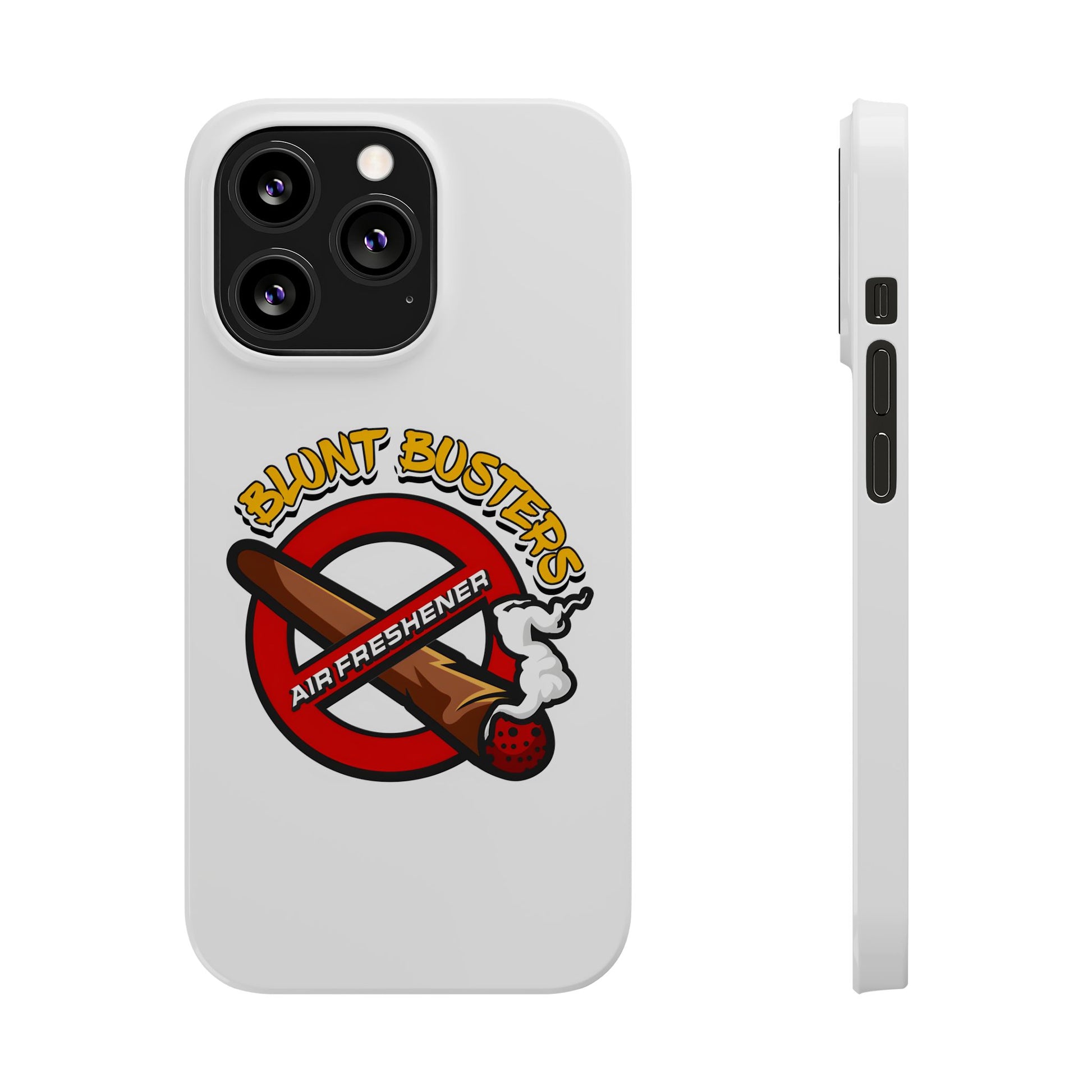 "Blunt Busters slim phone case, quirky air freshener design and fun gift for smokers."