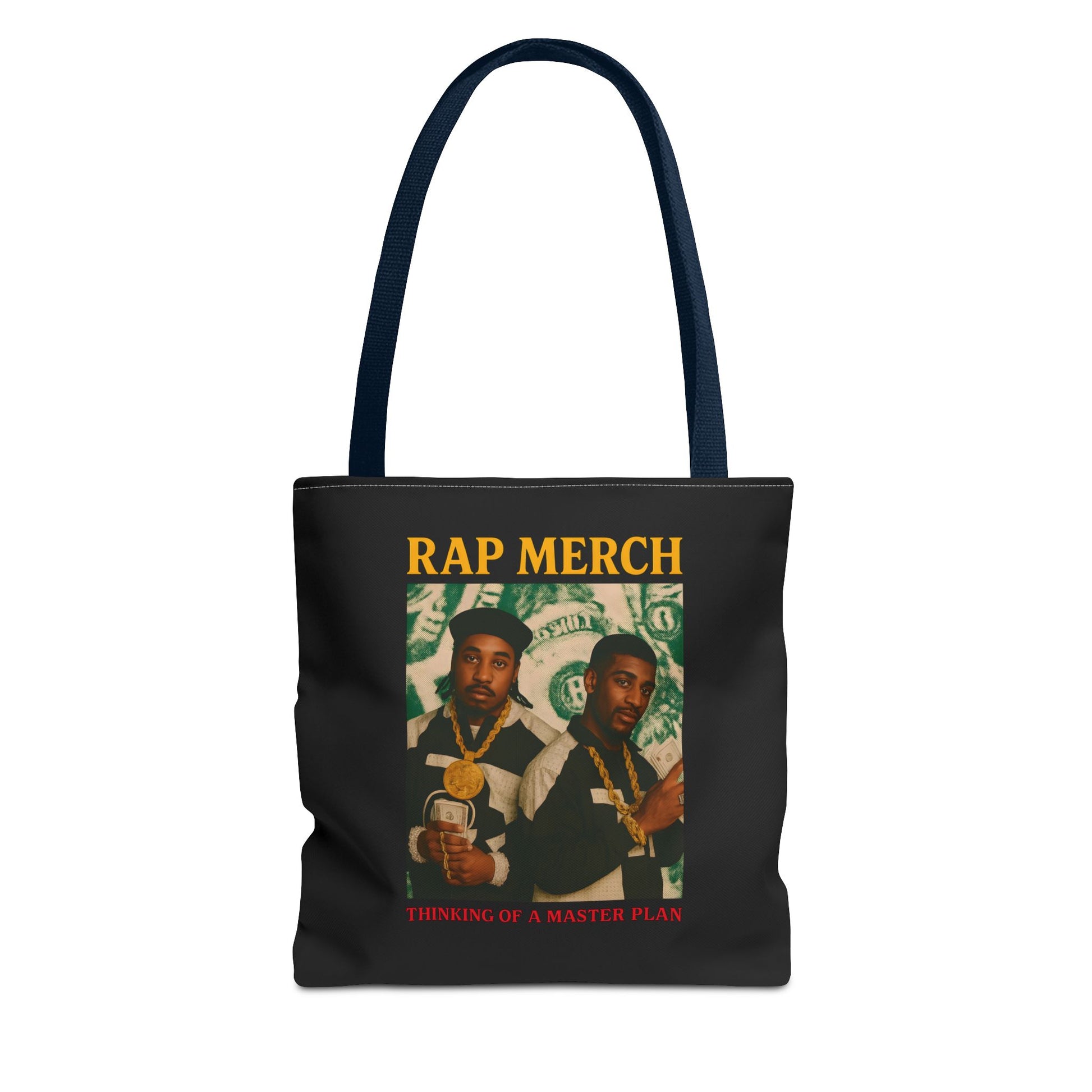 Black tote bag with 'RAP MERCH' text and images of two people on a white background