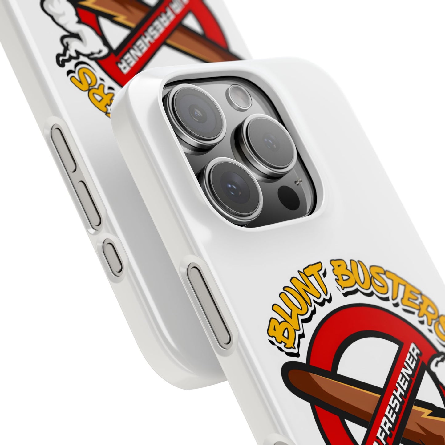 "Blunt Busters slim phone case, quirky air freshener design and fun gift for smokers."