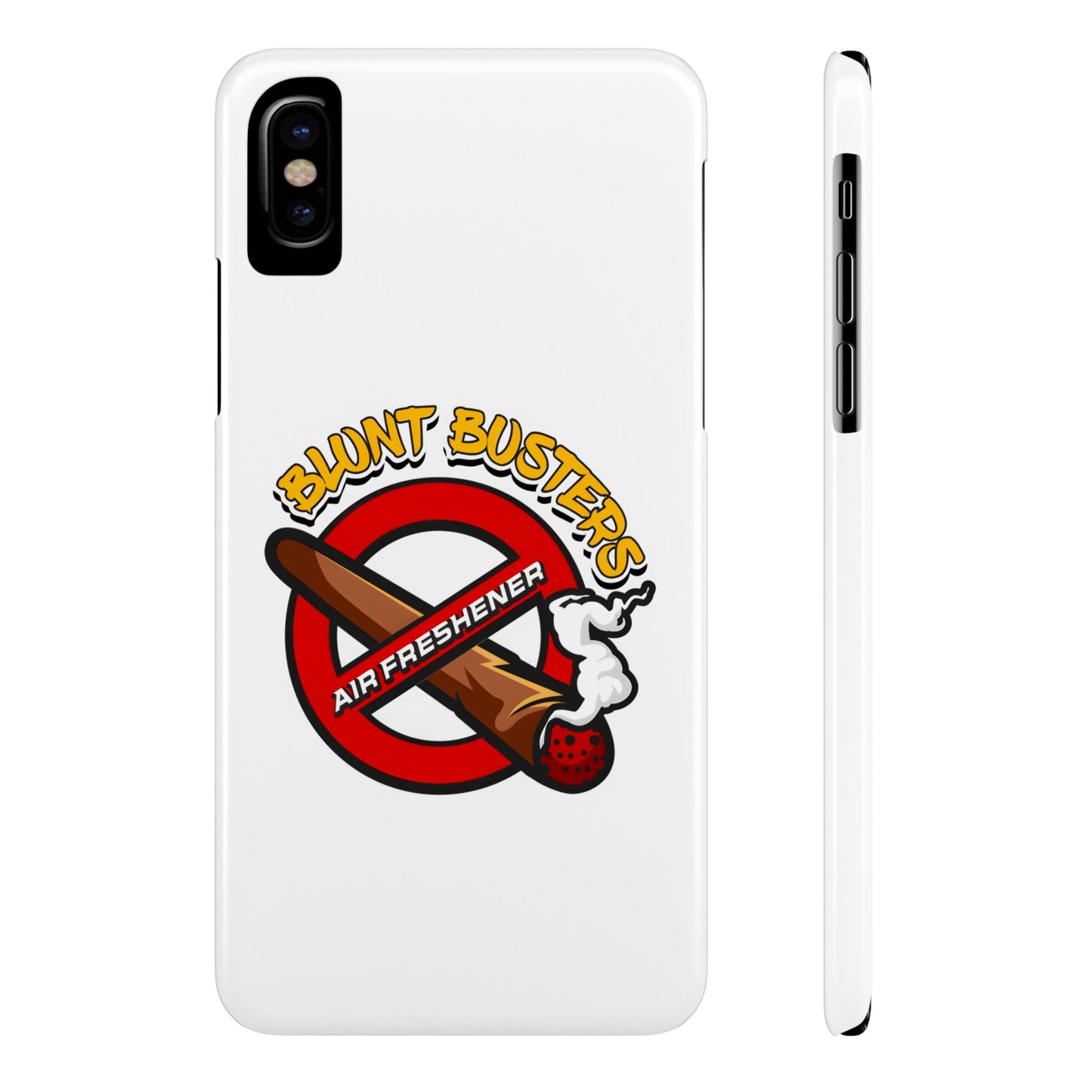 "Blunt Busters slim phone case, quirky air freshener design and fun gift for smokers."