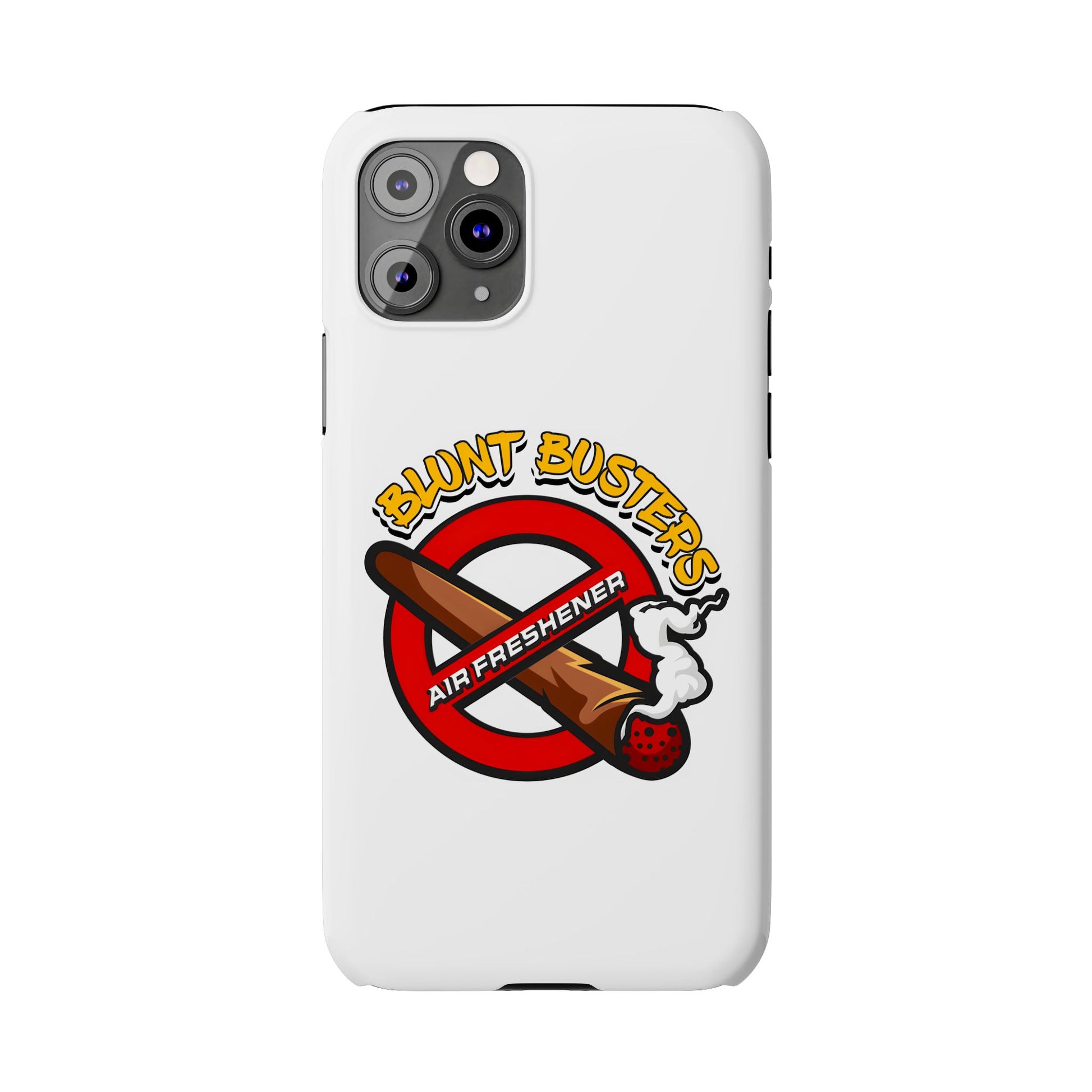 "Blunt Busters slim phone case, quirky air freshener design and fun gift for smokers."