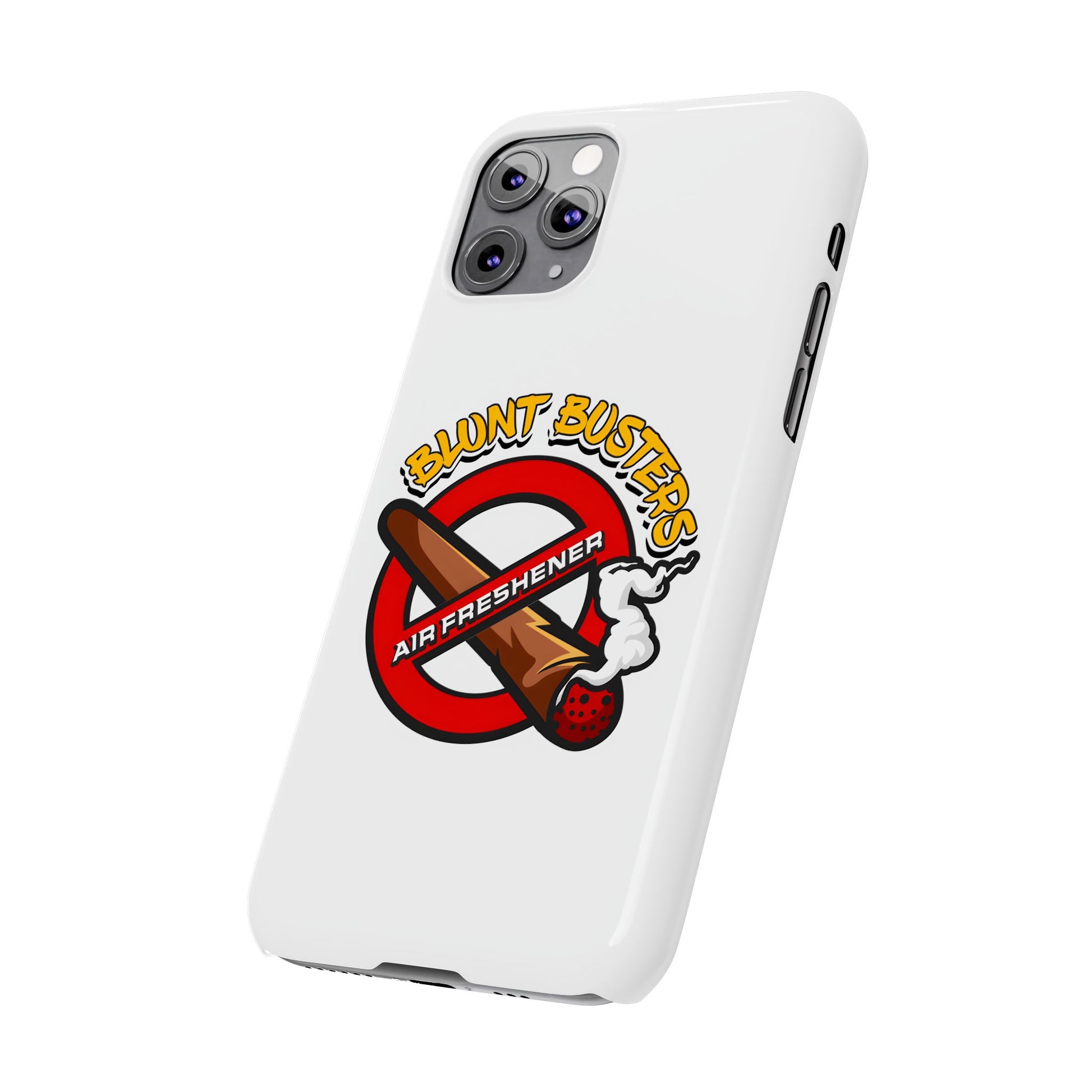 "Blunt Busters slim phone case, quirky air freshener design and fun gift for smokers."
