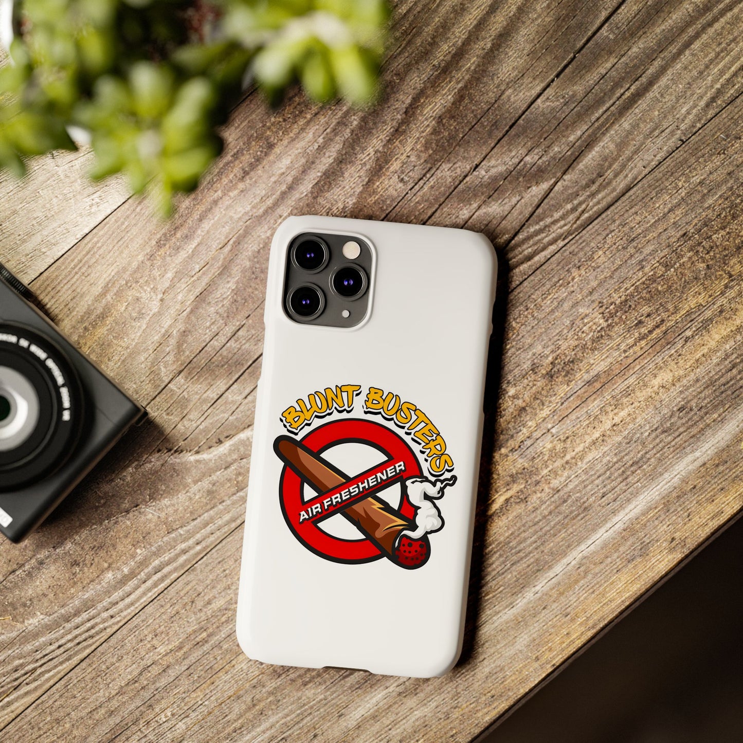 "Blunt Busters slim phone case, quirky air freshener design and fun gift for smokers."